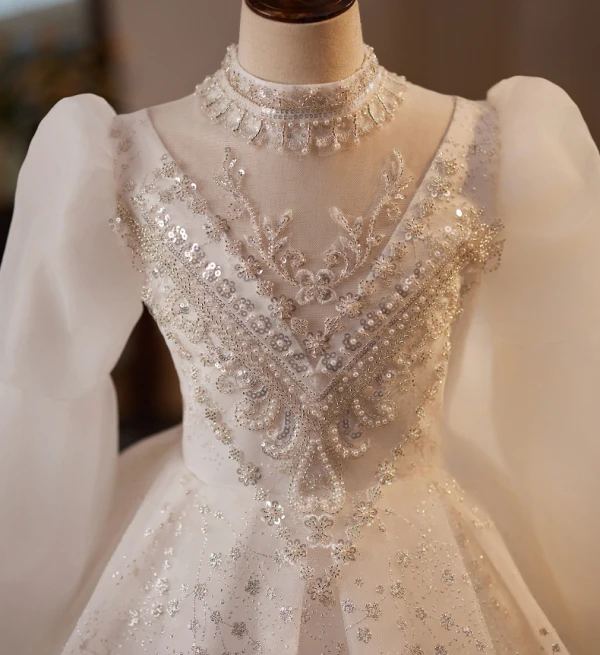 Elegant White Beading Pearl Sequins Birthday Flower Girl Dresses 2024 Ball Gown High Neck Long Sleeve Backless Floor-Length / Long