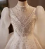 Elegant White Beading Pearl Sequins Birthday Flower Girl Dresses 2024 Ball Gown High Neck Long Sleeve Backless Floor-Length / Long