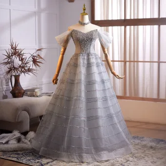Bling Bling Grey Beading Rhinestone Sequins Prom Dresses 2025 Ball Gown Off The Shoulder Sleeveless Backless Floor Length Long Formal Dresses