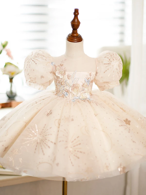 Chic / Beautiful Champagne Beading Pearl Lace Flower Sequins Birthday Short Flower Girl Dresses 2023 Ball Gown Scoop Neck Puffy Short Sleeve Tulle