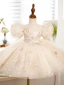 Chic / Beautiful Champagne Beading Pearl Lace Flower Sequins Birthday Short Flower Girl Dresses 2023 Ball Gown Scoop Neck Puffy Short Sleeve Tulle