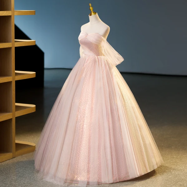 Charmant Rosa Pailletten Ballkleider 2023 Ballkleid Bandeau Ärmellos Rückenfreies Lange Ball Festliche Kleider