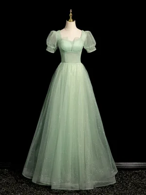 Chic Belle Vert Cendré Glitter Robe De Bal 2024 Princesse Encolure Carrée Manches Courtes Dos Nu Longue Promo Robe De Ceremonie