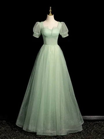 Chic Beautiful Sage Green Glitter Prom Dresses 2024 A Line Princess Square Neckline Short Sleeve Backless Floor Length Long Prom Formal Dresses