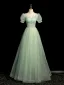 Chic / Beautiful Sage Green Glitter Prom Dresses 2024 A-Line / Princess Square Neckline Short Sleeve Backless Floor-Length / Long Prom Formal Dresses