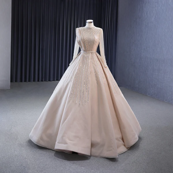 High-end Champagne Handmade Beading Sequins Prom Dresses 2023 Ball Gown High Neck Long Sleeve Floor-Length / Long Formal Dresses