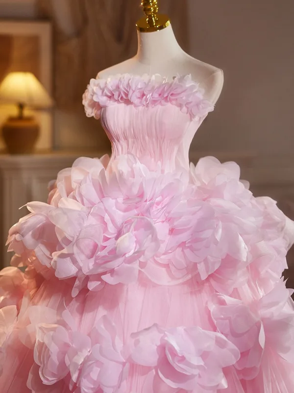 Flower Fairy Candy Pink Appliques Cascading Ruffles Prom Dresses 2025 Ball Gown Strapless Sleeveless Sweep Train Tulle Prom Formal Dresses