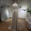 Haut de Gamme Beige Fait main Perlage Faux Diamant Fendue devant Robe De Bal 2024 Trompette / Sirène Encolure Carrée Sans Manches Dos Nu Train De Balayage Promo Robe De Ceremonie