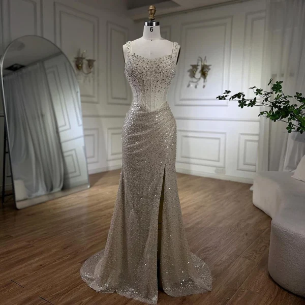 beige color prom dresses A Line V Neck Champagne Lace Long Prom Dress with Slit, Long Champagne –  abcprom
