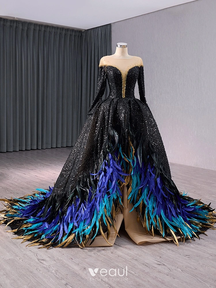 Feathered Sequinned dress (Black) Prom, Ball., Black-tie, Bridesmaid, Pageant, Mother of the Bride