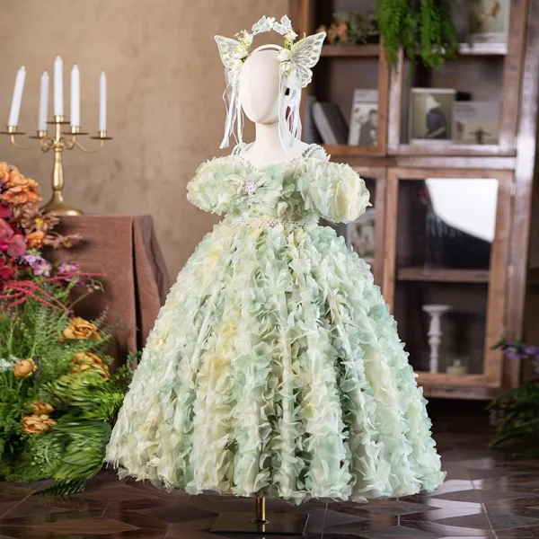 Flower Fairy Sage Green Appliques Birthday Flower Girl Dresses 2025 Ball Gown Spaghetti Straps Pearl Short Sleeve Backless Floor-Length / Long