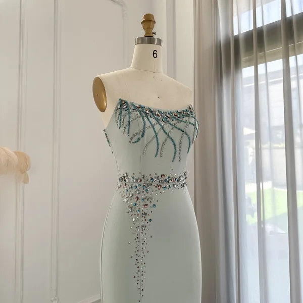 High-end Mint Green Handmade Beading Rhinestone Prom Dresses 2024 Trumpet / Mermaid Strapless Sleeveless Backless Floor-Length / Long Prom Formal Dresses