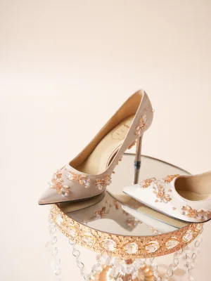 Elegant Champagne Beading Leather Wedding Shoes 2026 8 Cm Stiletto Heels Pointed Toe Wedding Pumps High Heels