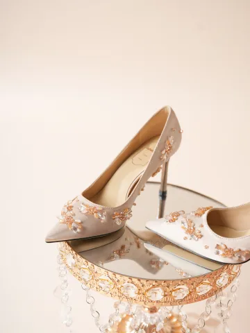 Elegant Champagne Beading Leather Wedding Shoes 2026 8 Cm Stiletto Heels Pointed Toe Wedding Pumps High Heels