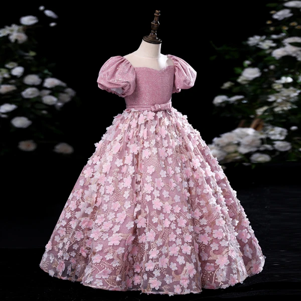 Chic / Belle Rougissant Rose En Dentelle Fleur Appliques Promo Robe Ceremonie Fille 2022 Robe Boule Encolure Dégagée Gonflée Manches Courtes Ceinture Noeud Longue Robe Ceremonie Fille