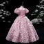 Lovely Candy Pink Glitter Lace Flower Appliques Flower Girl Dresses 2024 Ball Gown Birthday Scoop Neck Puffy Short Sleeve Floor-Length / Long