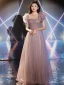 Charming Purple Beading Sequins Evening Dresses 2023 A-Line / Princess Off-The-Shoulder Short Sleeve Backless Floor-Length / Long Evening Party Formal Dresses