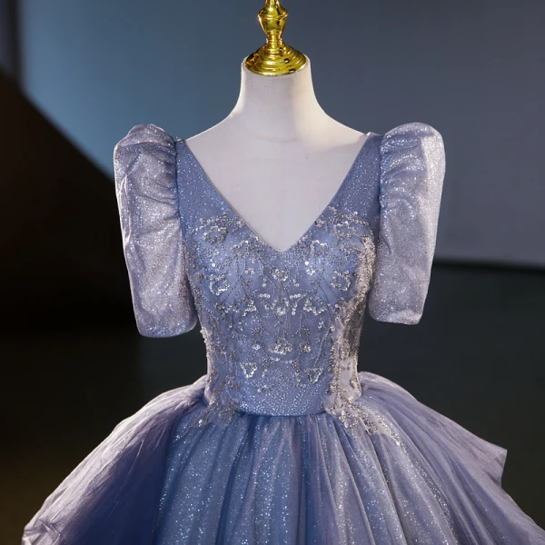 Bling Bling Elegant Ocean Blue Sequins Prom Dresses 2023 Ball Gown V-Neck Short Sleeve Backless Floor-Length / Long Prom Formal Dresses