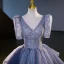 Bling Bling Elegant Ocean Blue Sequins Prom Dresses 2023 Ball Gown V-Neck Short Sleeve Backless Floor-Length / Long Prom Formal Dresses