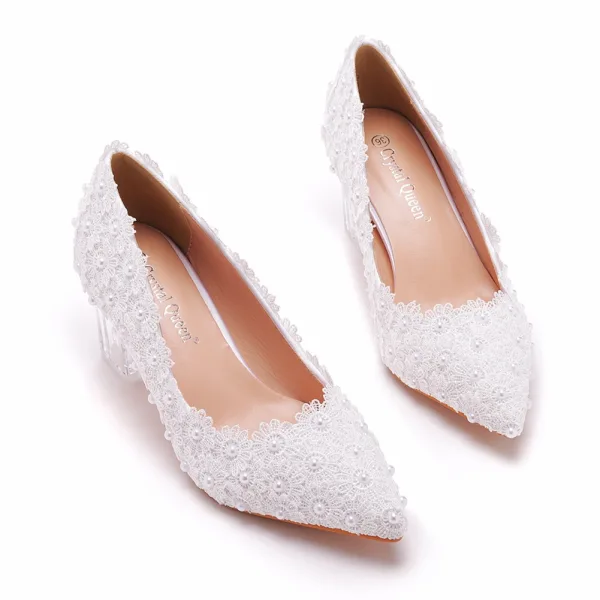 Charmant Blanche Perle En Dentelle Fleur Cristal Chaussure De Mariée 2023 7 cm Talons Épais À Bout Pointu Mariage Escarpins Talons Hauts