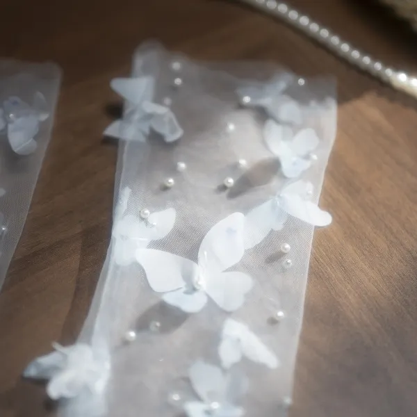 Elegant White Handmade Butterfly Appliques Pearl Wedding Bridal Gloves 2026 Tulle