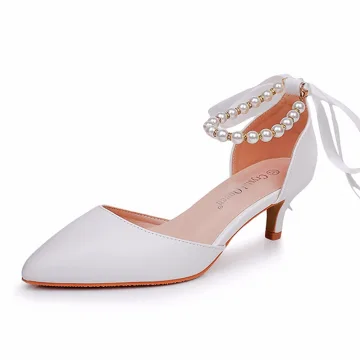 Elegantes Blanco Perla Correa Del Tobillo Bowknot Zapatos De Novia 2024 5 Cm Stilettos Tacones De Aguja Punta Estrecha Boda High Heels