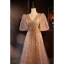 Bling Bling Champagne Beading Pearl Sequins Prom Dresses 2024 A-Line / Princess V-Neck Short Sleeve Backless Floor-Length / Long Prom Formal Dresses