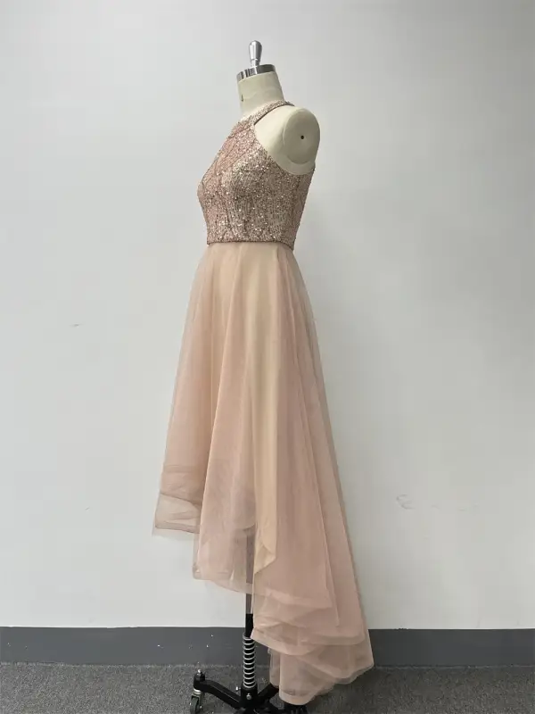 Bling Bling Gold Sequins Asymmetrical Prom Dresses 2024 A-Line / Princess Scoop Neck Sleeveless Prom Formal Dresses