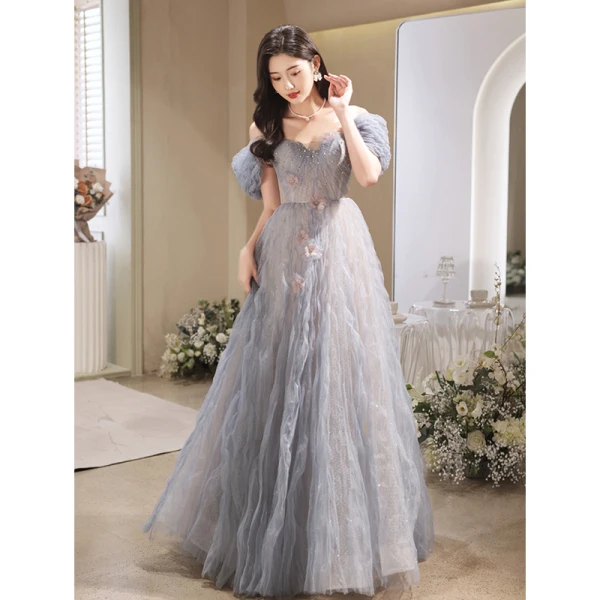 Charming Sky Blue Beading Pearl Appliques Prom Dresses 2023 A-Line / Princess Off-The-Shoulder Short Sleeve Backless Floor-Length / Long Prom Formal Dresses