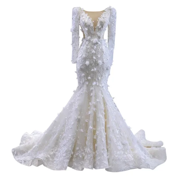 Luxe Charmant Blanche Appliques Fait main Perlage Robe De Mariée Trompette / Sirène 2023 Encolure Dégagée Manches Longues Dos Nu Train De Balayage Mariage