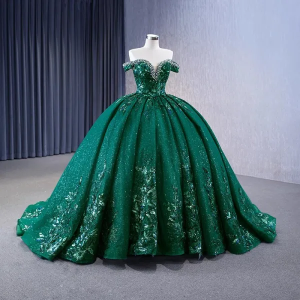 Vintage / Retro High-end Dark Green Handmade  Beading Rhinestone Sequins Prom Dresses 2023 Ball Gown Off-The-Shoulder Sleeveless Backless Court Train