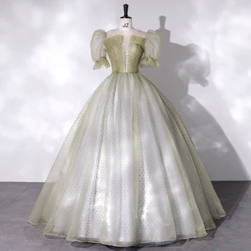 Chic Belle Vert Cendré Tachetée Robe De Bal Robe Boule 2022 Encolure Dégagée Gonflée Manches Courtes Dos Nu Longue Promo Robe De Ceremonie