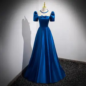 Vintage / Retro Royal Blue Satin Prom Dresses 2024 Ball Gown Square Neckline Short Sleeve Backless Floor-Length / Long Prom Formal Dresses Vintage / Retro Royal Blue Satin Prom Dresses 2024 Ball Gown Square Neckline Short Sleeve Backless Floor-Length / Long Prom Formal Dresses