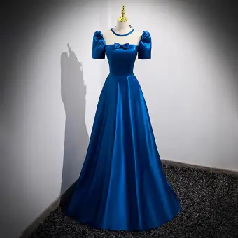 Vintage Originale Bleu Roi Satin Robe De Bal 2022 Princesse Encolure Carrée Noeud Manches Courtes Dos Nu Longue Promo Robe De Ceremonie