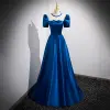 Vintage / Retro Royal Blue Satin Prom Dresses 2022 A-Line / Princess Square Neckline Bow Short Sleeve Backless Floor-Length / Long Prom Formal Dresses
