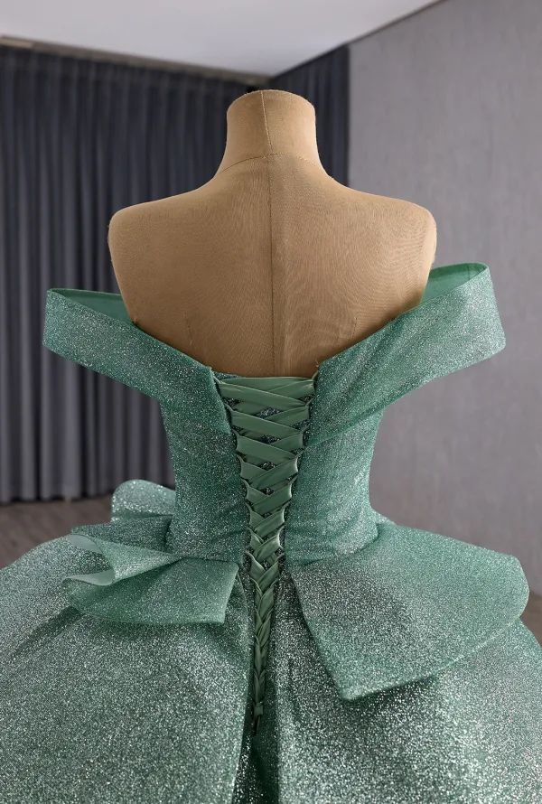 Luxury / Gorgeous Mint Green Cascading Ruffles Sequins Prom Dresses 2025 Ball Gown Off-The-Shoulder Sleeveless Backless Royal Train Formal Dresses