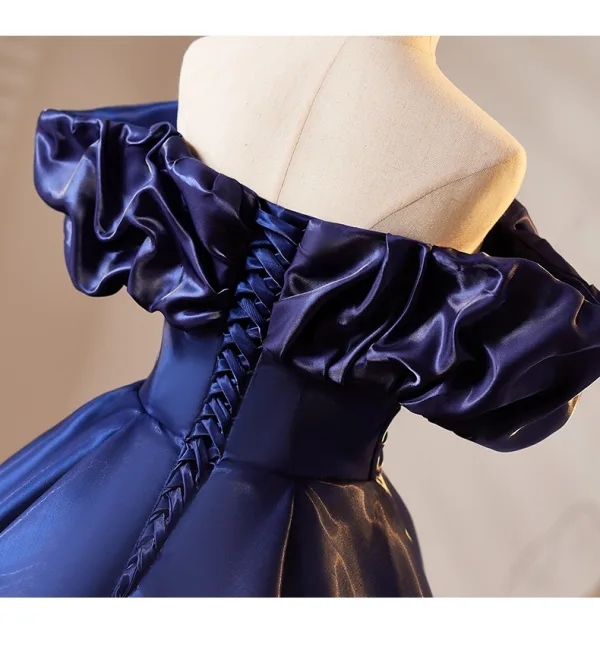 Vintage / Retro Navy Blue Satin Prom Dresses 2025 Ball Gown Off-The-Shoulder Short Sleeve Backless Floor-Length / Long Prom Formal Dresses