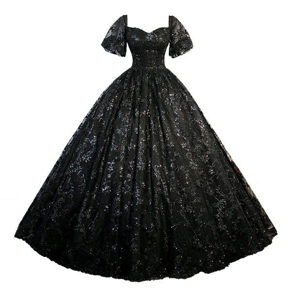 Chic / Belle Noire Perlage Paillettes Robe De Bal 2023 Robe Boule Encolure Carrée Manches Courtes Dos Nu Longue Promo Robe De Ceremonie