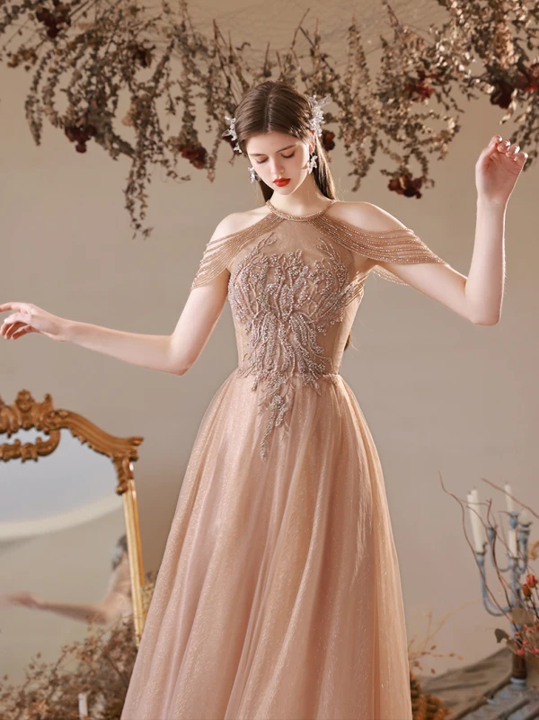 Charming Champagne Beading Tassel Pearl Rhinestone Evening Dresses 2022 A-Line / Princess Halter Sleeveless Backless Floor-Length / Long Evening Party Formal Dresses