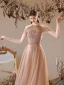 Charming Champagne Beading Tassel Pearl Rhinestone Evening Dresses 2022 A-Line / Princess Halter Sleeveless Backless Floor-Length / Long Evening Party Formal Dresses