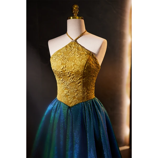 Vintage / Retro Bluish Green Glitter A-Line / Princess Prom Dresses 2023 Halter Sleeveless Backless Floor-Length / Long Formal Dresses