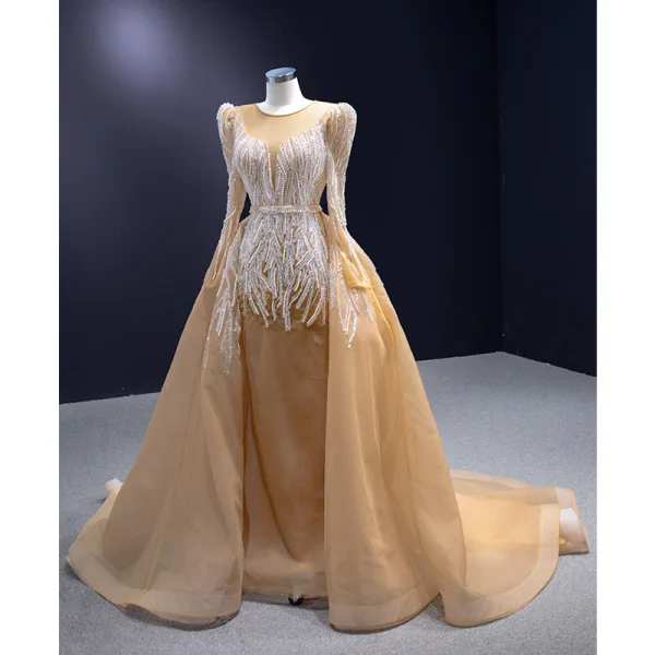 High-end Gold Handmade Beading Pearl Rhinestone Sequins Wedding Dresses 2023 Trumpet / Mermaid Scoop Neck Long Sleeve Court Train Wedding