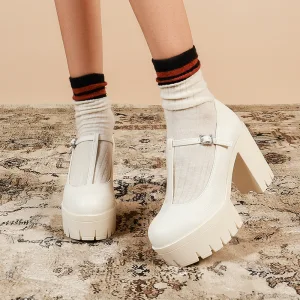 Mode Blanche Vêtement De Rue Imperméables Chaussures Femmes 2023 10 Cm Talons Épais T Strap À Bout Rond Chaussures Femmes