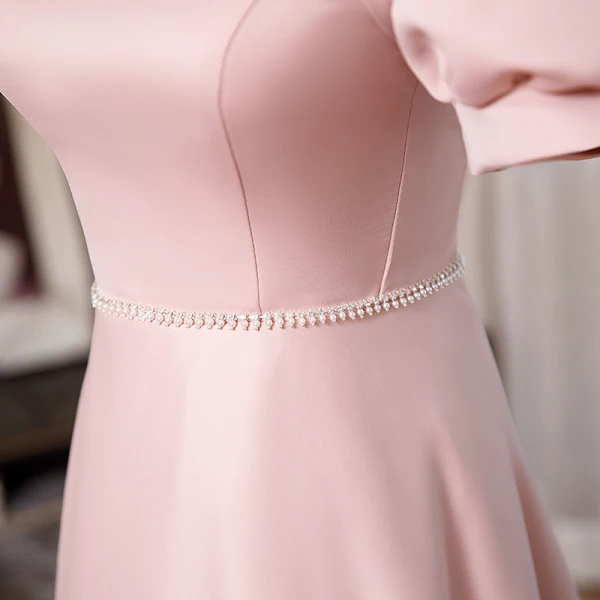 Elegant Blushing Pink Pearl Rhinestone Evening Dresses 2023 A-Line / Princess High Neck Puffy Short Sleeve Backless Floor-Length / Long Evening Party Formal Dresses