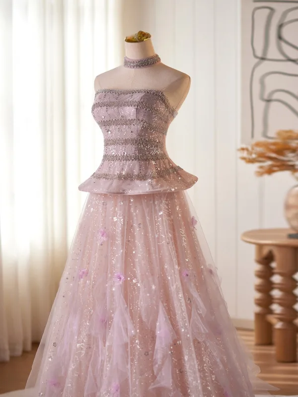 Luxury / Gorgeous Sparkly Blushing Pink Beading Rhinestone Sequins Prom Dresses 2026 A-Line / Princess Strapless Sleeveless Backless Floor-Length / Long Formal Dresses