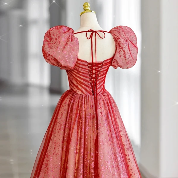 Chic / Beautiful Red Sequins Prom Dresses 2022 A-Line / Princess Square Neckline Puffy Short Sleeve Backless Bow Floor-Length / Long Formal Dresses