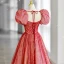 Chic / Beautiful Red Sequins Prom Dresses 2022 A-Line / Princess Square Neckline Puffy Short Sleeve Backless Bow Floor-Length / Long Formal Dresses