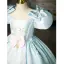 Élégant Bleu Ciel Perlage Perle Appliques Anniversaire Robe Ceremonie Fille 2022 Robe Boule Satin Encolure Carrée Gonflée Manches Courtes Dos Nu Noeud Longue Robe Ceremonie Fille