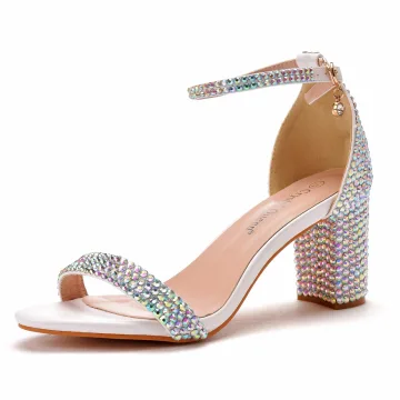 Seksowne Multi Kolory Rhinestone Buty Ślubne 2022 Z Paskiem 7 Cm Grubym Obcasie Peep Toe Ślub Sandały Wysokie Obcasy