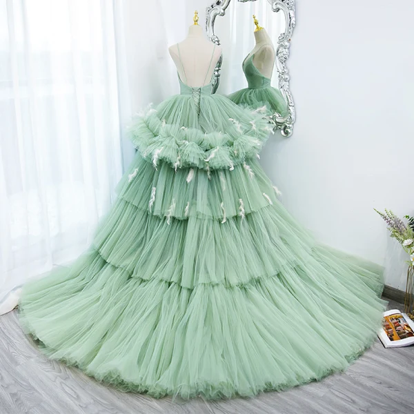 Charming Sage Green Cascading Ruffles Prom Dresses 2022 Ball Gown Spaghetti Straps Sleeveless Backless Court Train Formal Dresses
